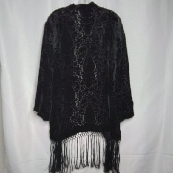 CHICO'S BLACK VELVET BURNOUT FRINGE OPEN CARDIGAN SHAWL WRAP SIZE S/M - Picture 2 of 3